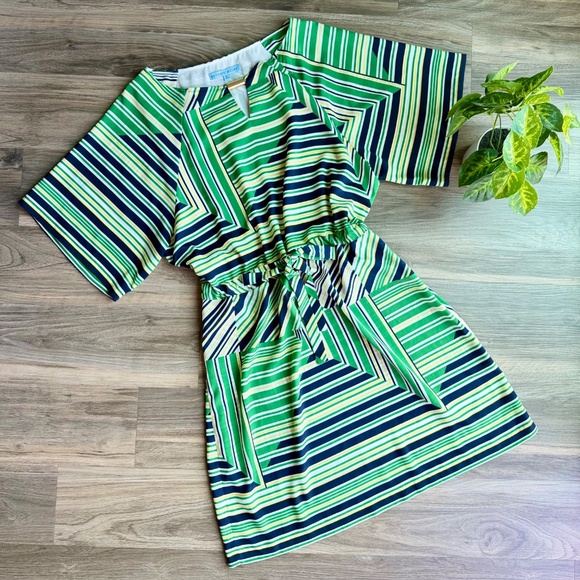 Antonio Melani Jenna Dress Spring Green Navy Geometric Stripe Cinched Size 12 - Picture 2 of 13